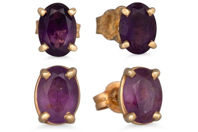 Lot 46 - TWO PAIRS OF AMETHYST EARRINGS, mounted in...