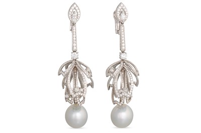 Lot 302 - A PAIR OF PEARL AND DIAMOND DROP EARRINGS,...