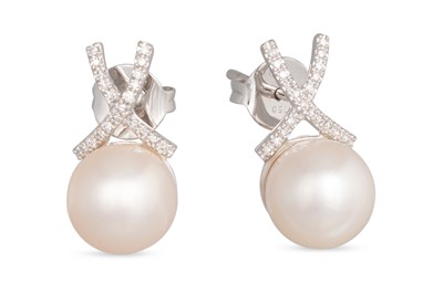 Lot 305 - A PAIR OF PEARL AND DIAMOND STUD EARRINGS,...