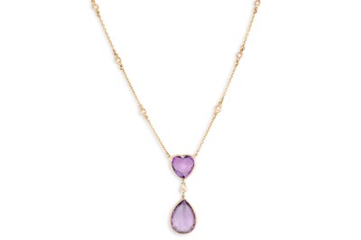 Lot 164 - AN AMETHYST AND DIAMOND PENDANT, the heart...