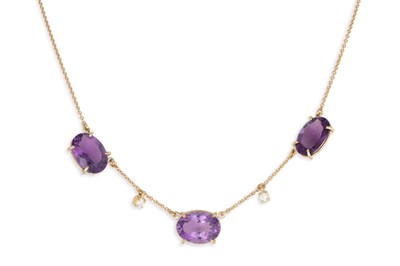 Lot 166 - AN AMETHYST AND DIAMOND NECK CHAIN, the three...