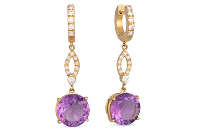 Lot 215 - A PAIR OF AMETHYST AND DIAMOND DROP EARRINGS,...