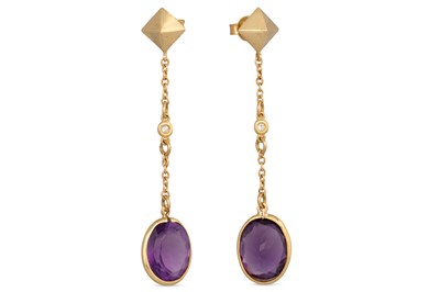 Lot 218 - A PAIR OF AMETHYST AND DIAMOND DROP EARRINGS,...