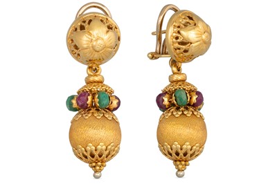 Lot 219 - A PAIR OF 18CT GOLD DROP EARRINGS, set with...