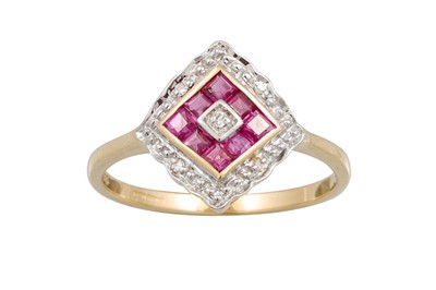 Lot 117 - A RUBY AND DIAMOND CLUSTER RING, of square...