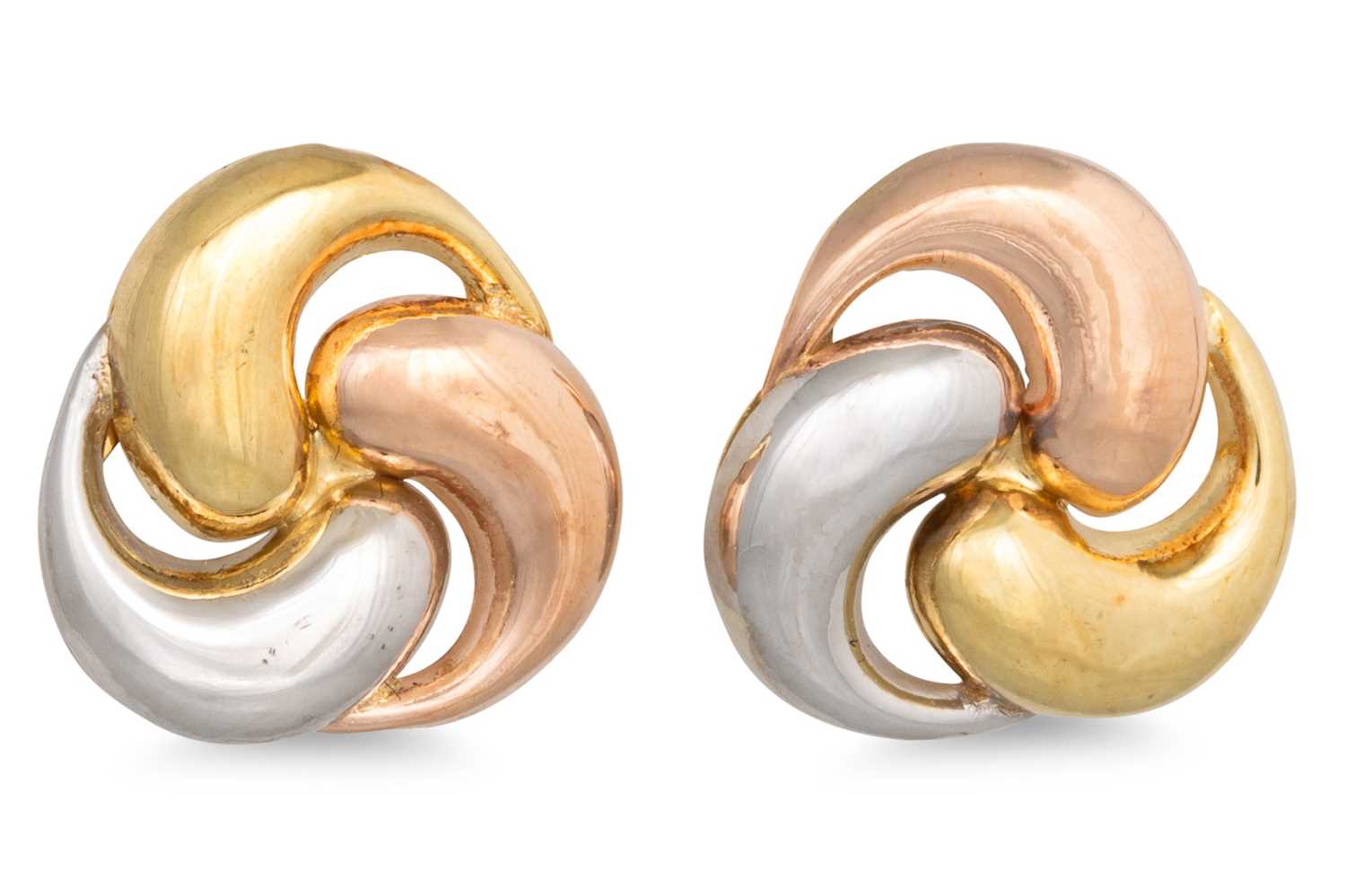 Lot 9 - A PAIR OF 9CT TRI COLOUR GOLD EARRINGS, of...
