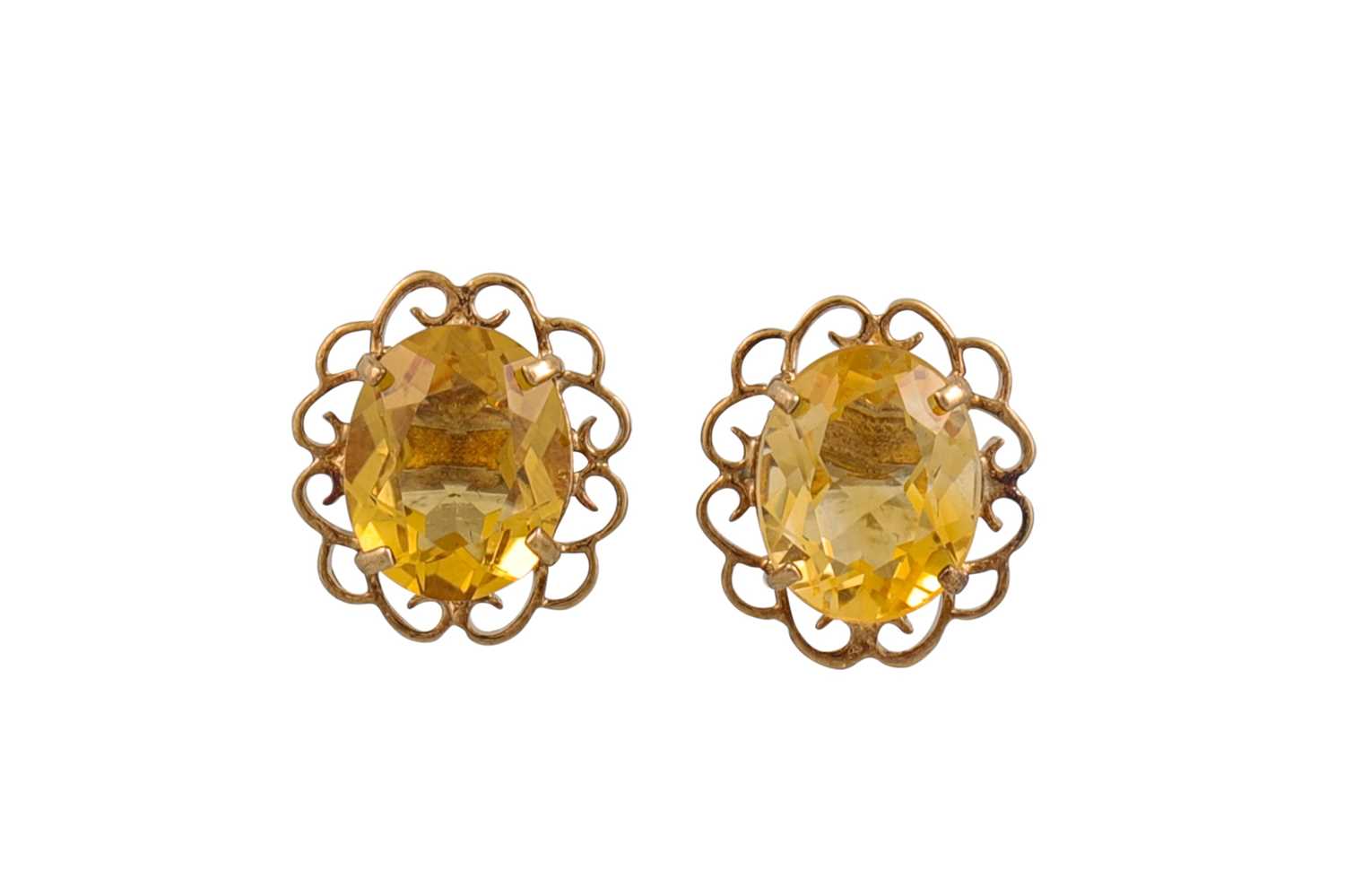 Lot 123 - A PAIR OF LARGE CITRINE EARRINGS, mounted in gold