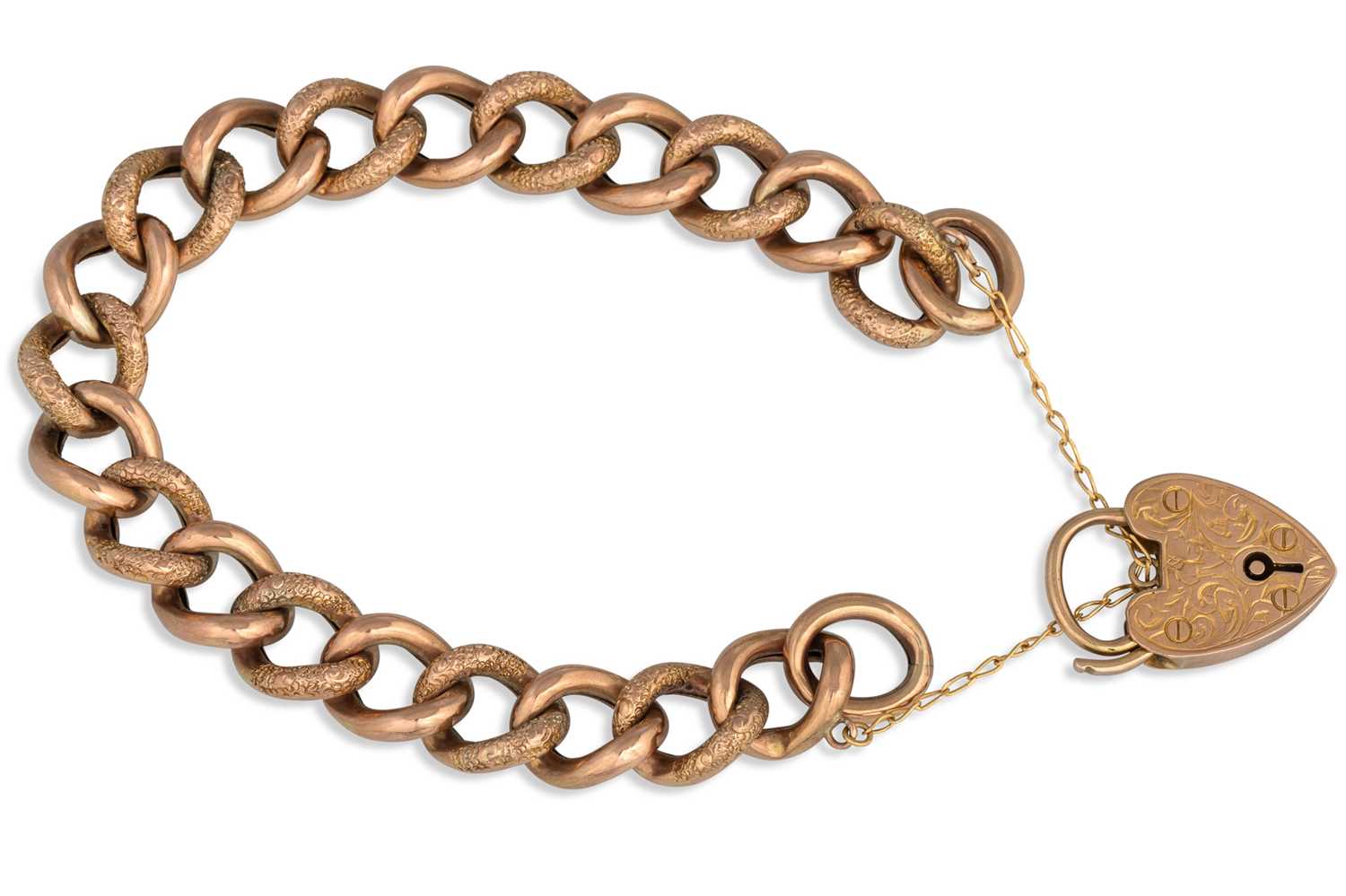 Lot 17 - AN ANTIQUE GOLD CURB LINK BRACELET, padlock...