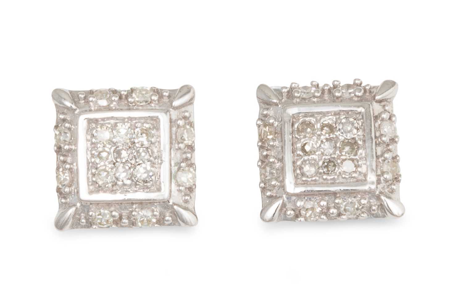 Lot 66 - A PAIR OF DIAMOND CLUSTER EARRINGS, of square...