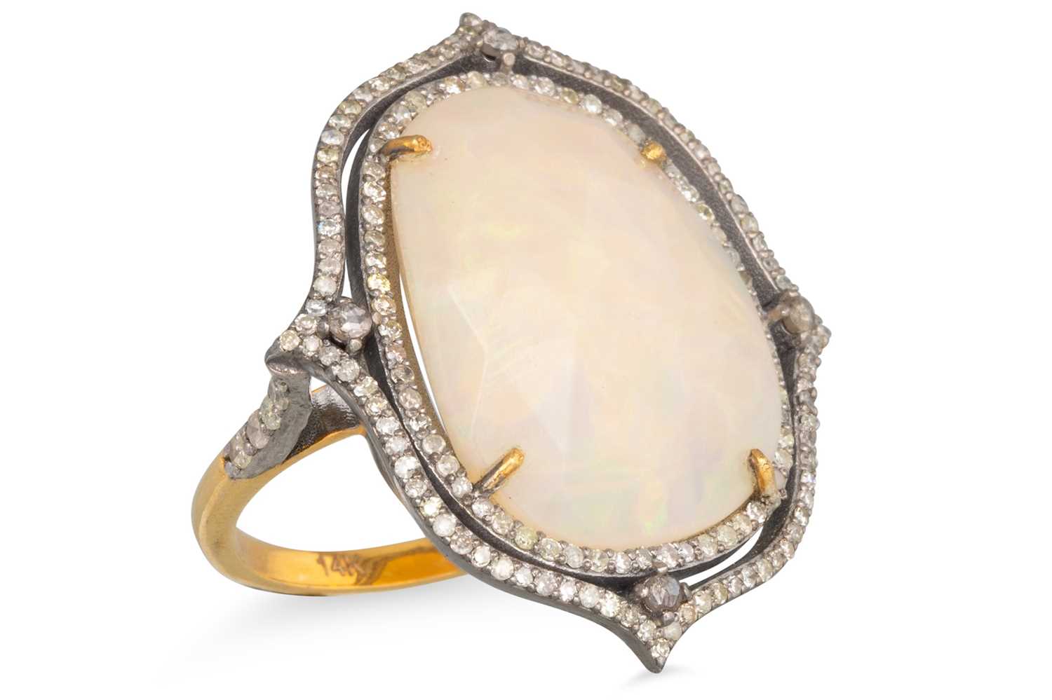 Lot 94 - AN OPAL AND DIAMOND CLUSTER RING, mounted in...
