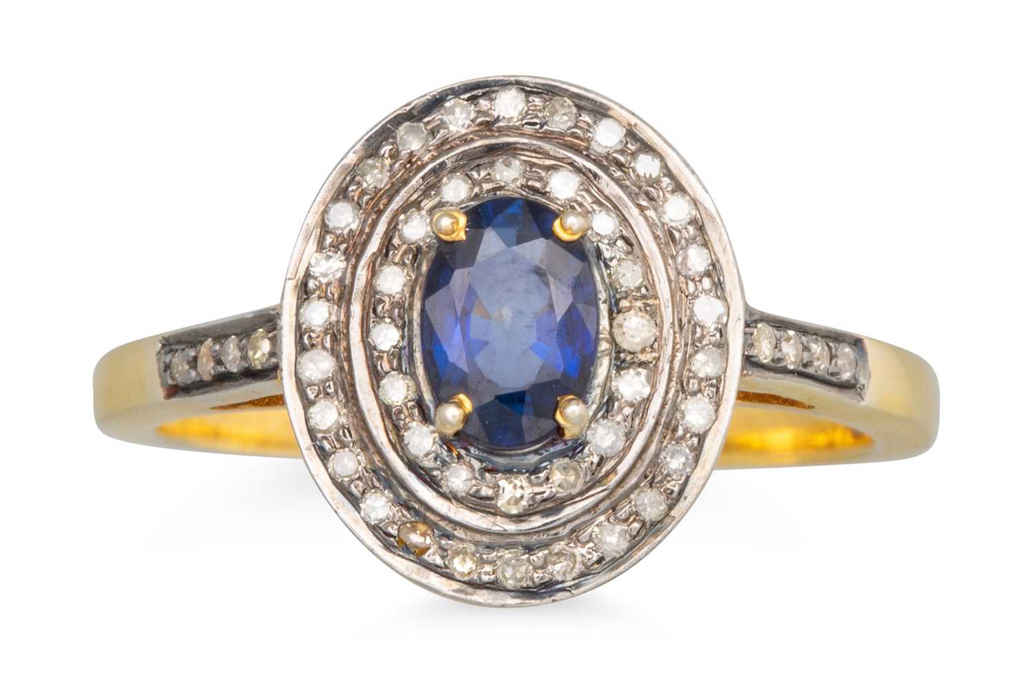 Lot 96 - A SAPPHIRE AND DIAMOND CLUSTER RING, mounted...