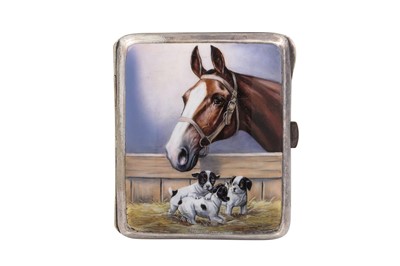 Lot 132 - AN ENAMEL CIGARETTE CASE, horse & dog image...