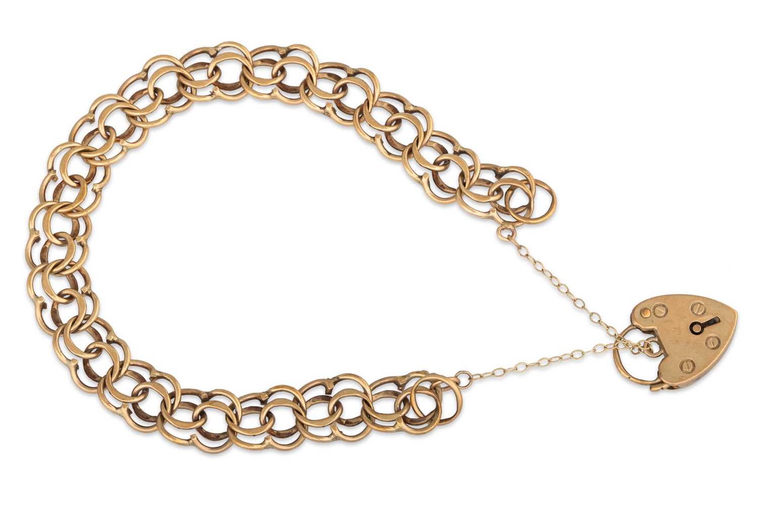 Lot 44 - A 9CT GOLD FANCY DOUBLE LINK BRACELET, padlock...