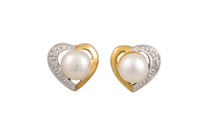 Lot 168 - A PAIR OF PEARL AND DIAMOND EARRINGS, heart...
