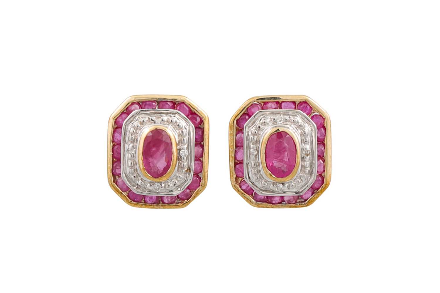 Lot 170 - A PAIR OF DIAMOND AND RUBY CLUSTER EARRINGS,...