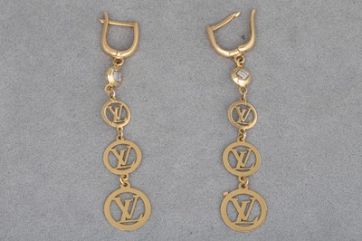 Lot 52 - A PAIR OF 14CT GOLD EARRINGS, 'LV' motifs, 2.4"...