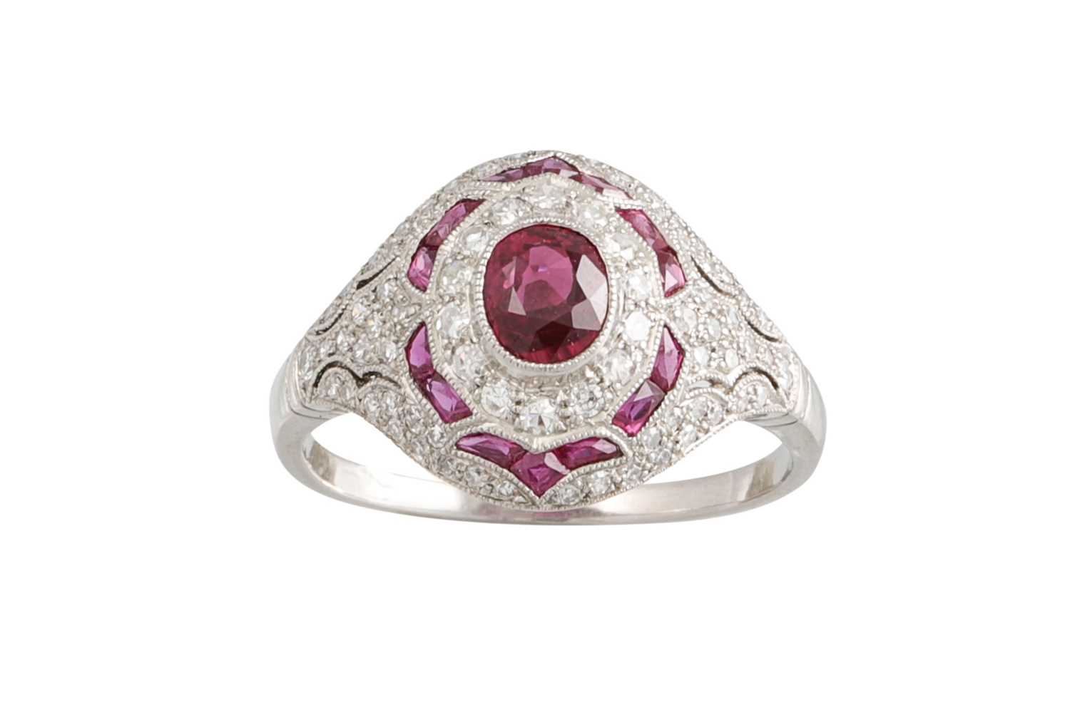 Lot 423 - A FRENCH RUBY AND DIAMOND CLUSTER RING, the...