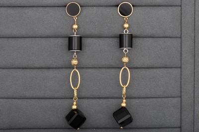 Lot 174 - A PAIR OF ONYX AND DIAMOND DROP EARRINGS, to...