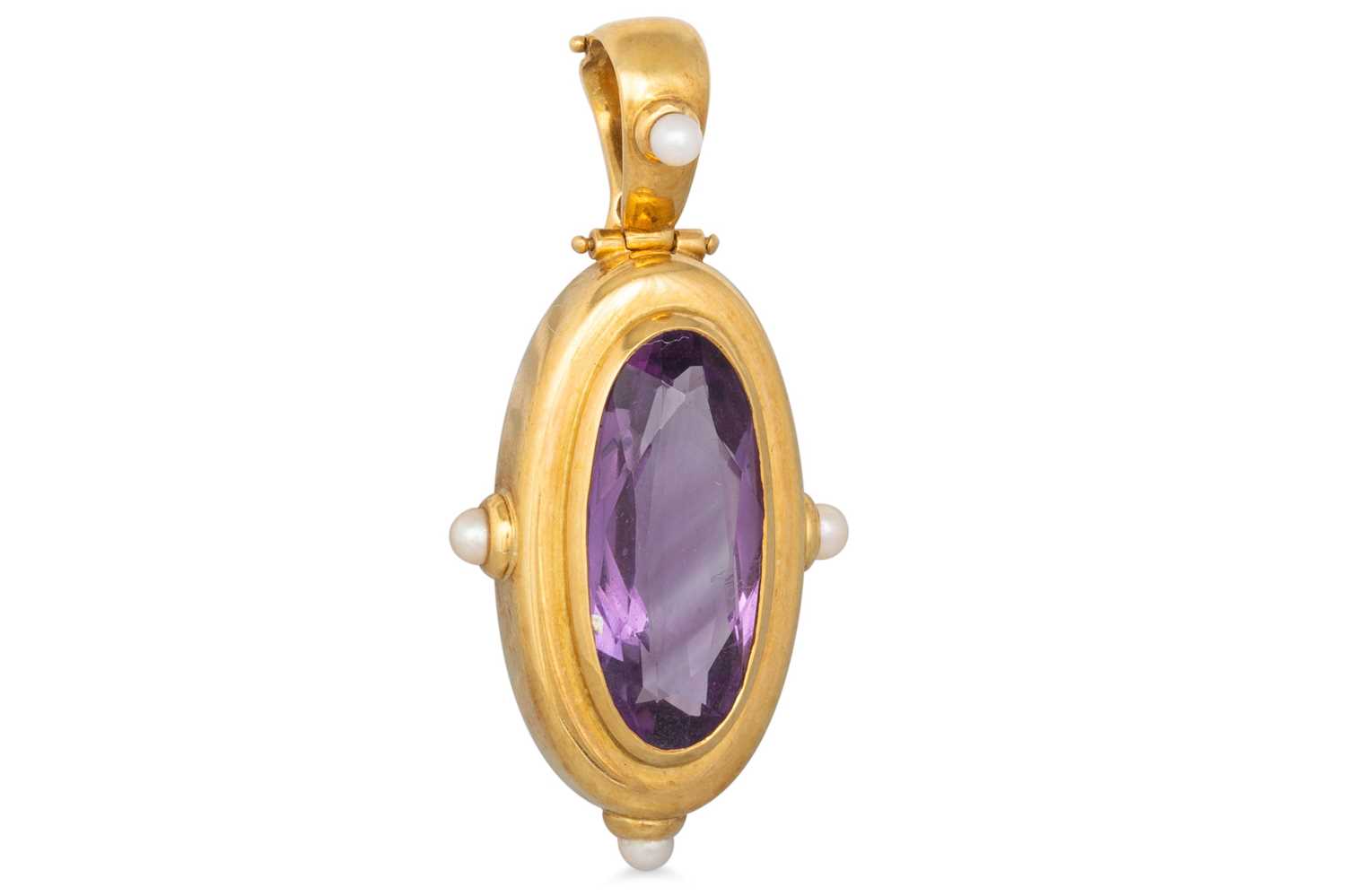 Lot 126 - AN AMETHYST AND PEARL SET PENDANT, of oval...