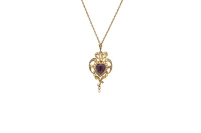 Lot 307 - AN ANTIQUE AMETHYST AND PEARL OPEN-WORK DROP...