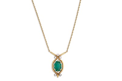 Lot 42 - AN EMERALD AND DIAMOND PENDANT, the oval cut...