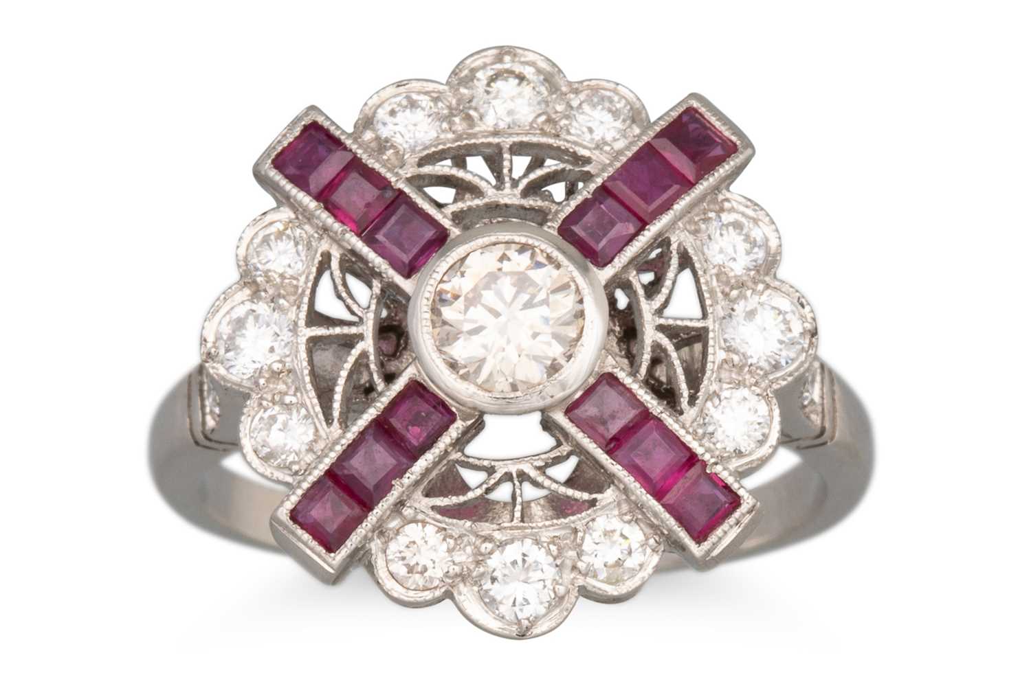 Lot 141 - A RUBY AND DIAMOND RING, of circular plaque...
