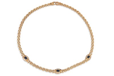 Lot 119 - A 9CT GOLD BRICK LINK NECKLACE, set with blue...