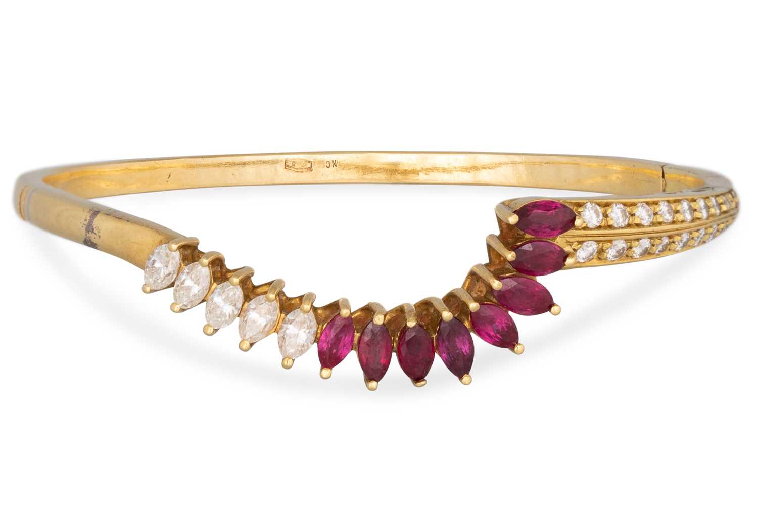 Lot 127 - A RUBY AND DIAMOND BRACELET, set with marquise...