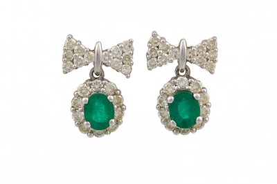 Lot 336 - A PAIR OF EMERALD AND DIAMOND CLUSTER EARRINGS,...