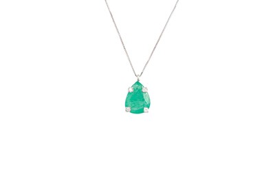 Lot 340 - AN EMERALD AND DIAMOND PENDANT, pear shaped...