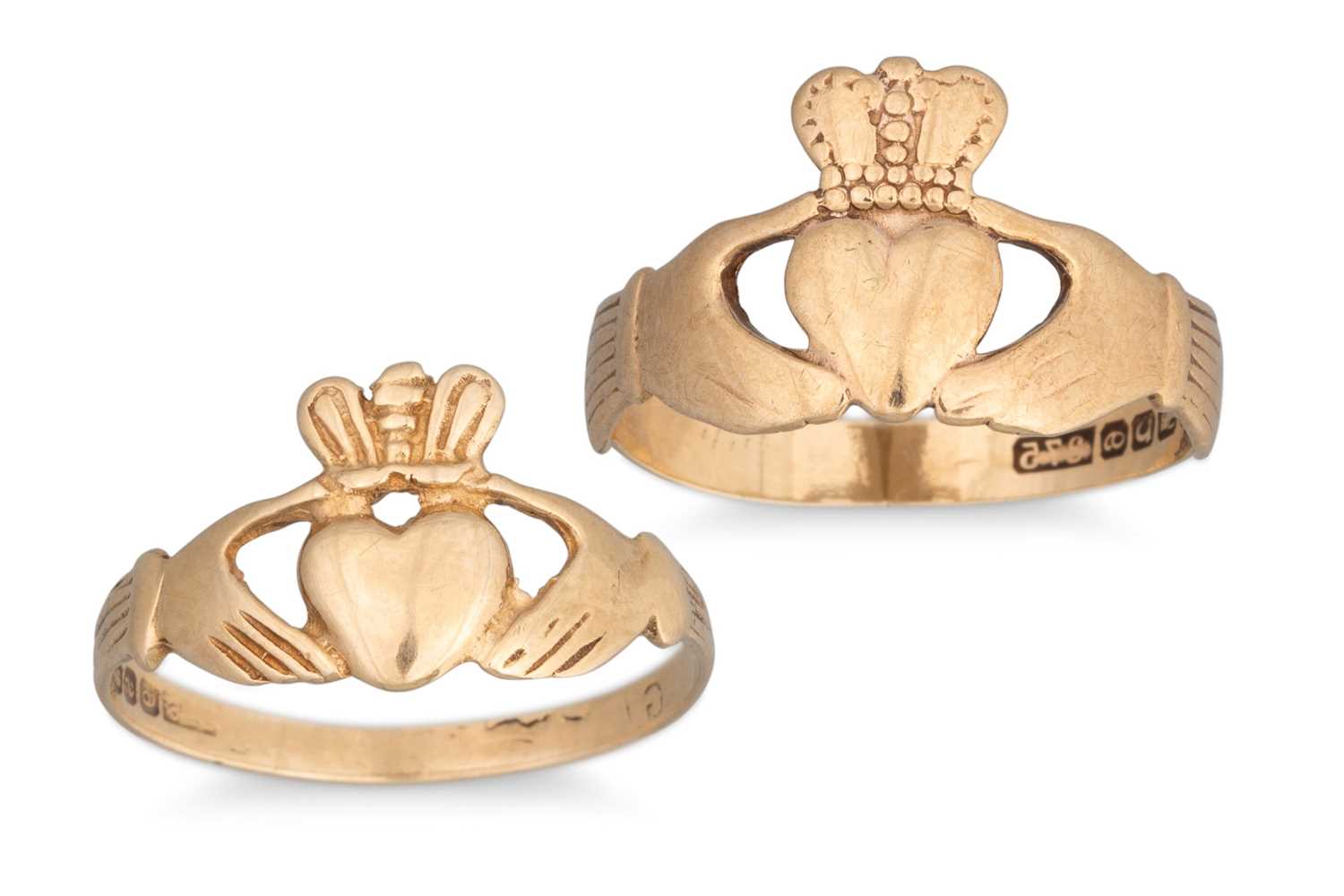 Lot 53 - TWO IRISH 9CT GOLD VINTAGE CLADDAGH RINGS,...