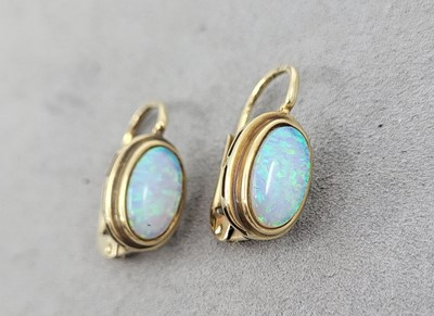 Lot 58 - A PAIR OF 14CT GOLD SYNTHETIC OPAL EARRINGS, 3....
