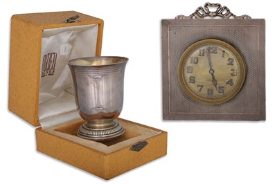 Lot 496 - A SILVER TRAVEL CLOCK, hallmarked, together...