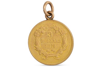 Lot 433 - A US 1874 $3 GOLD COIN, inscribed on reverse,...