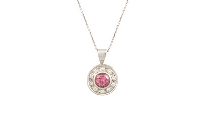 Lot 348 - A PINK TOURMALINE AND DIAMOND CLUSTER PENDANT,...