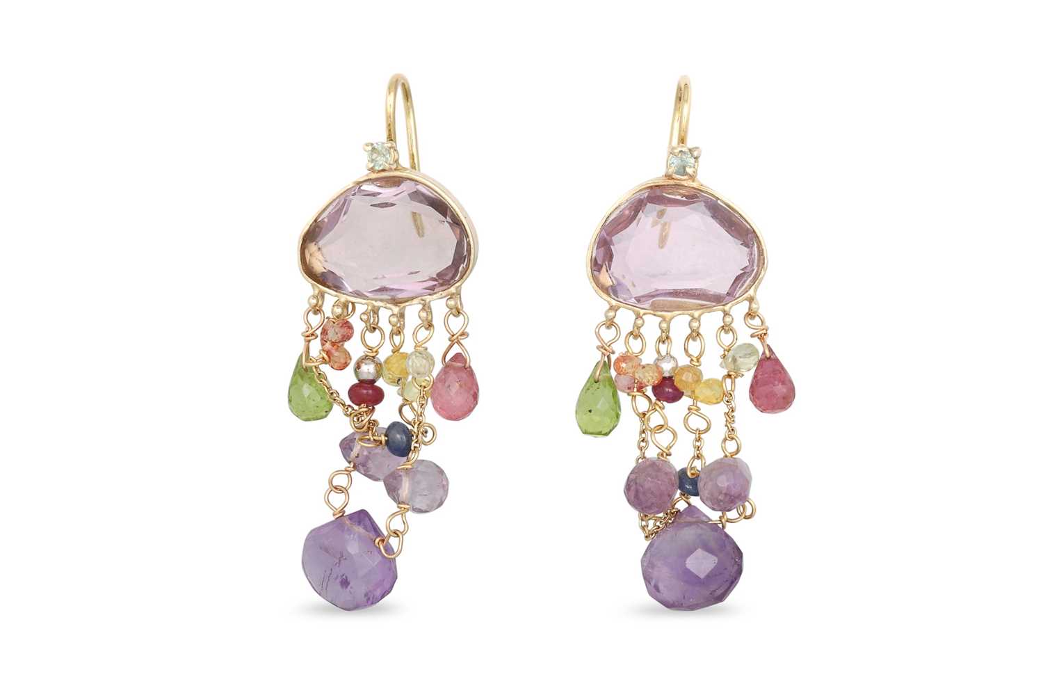 Lot 86 - A PAIR OF AMETHYST AND PERIDOT CHANDELIER DROP...