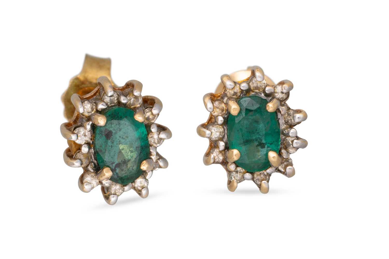 Lot 41 - A PAIR OF EMERALD CLUSTER EARRINGS, mounted in...