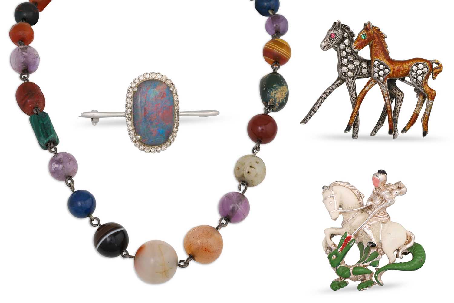 Lot 3 - A VINTAGE DIAMOND AND OPAL DOUBLET BROOCH,...