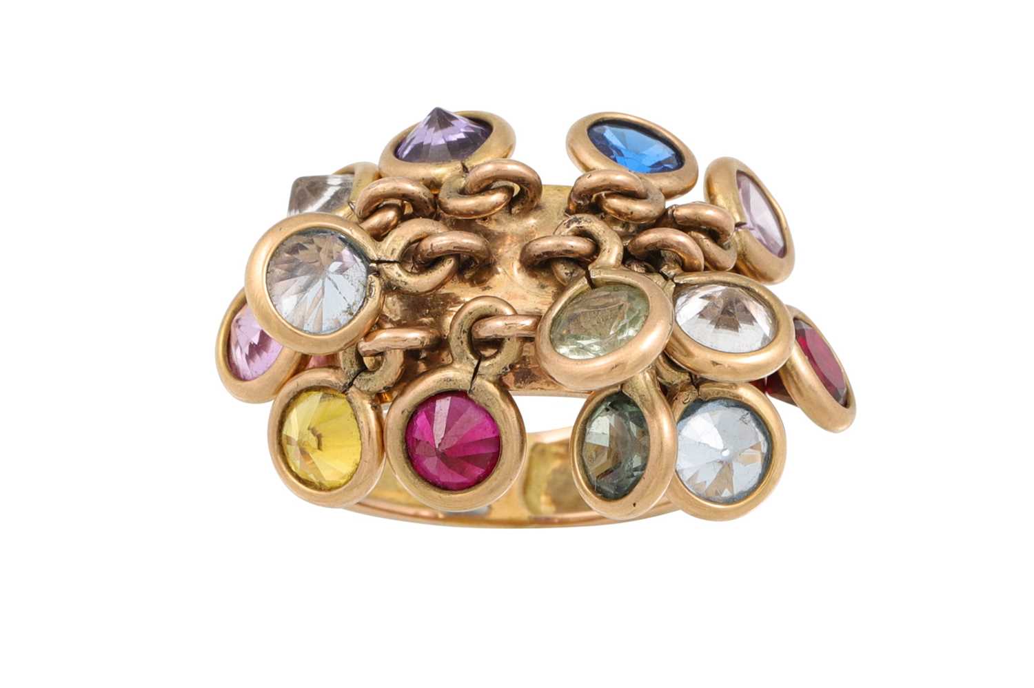 Lot 111 - A GOLD RING, suspending multiple charms
