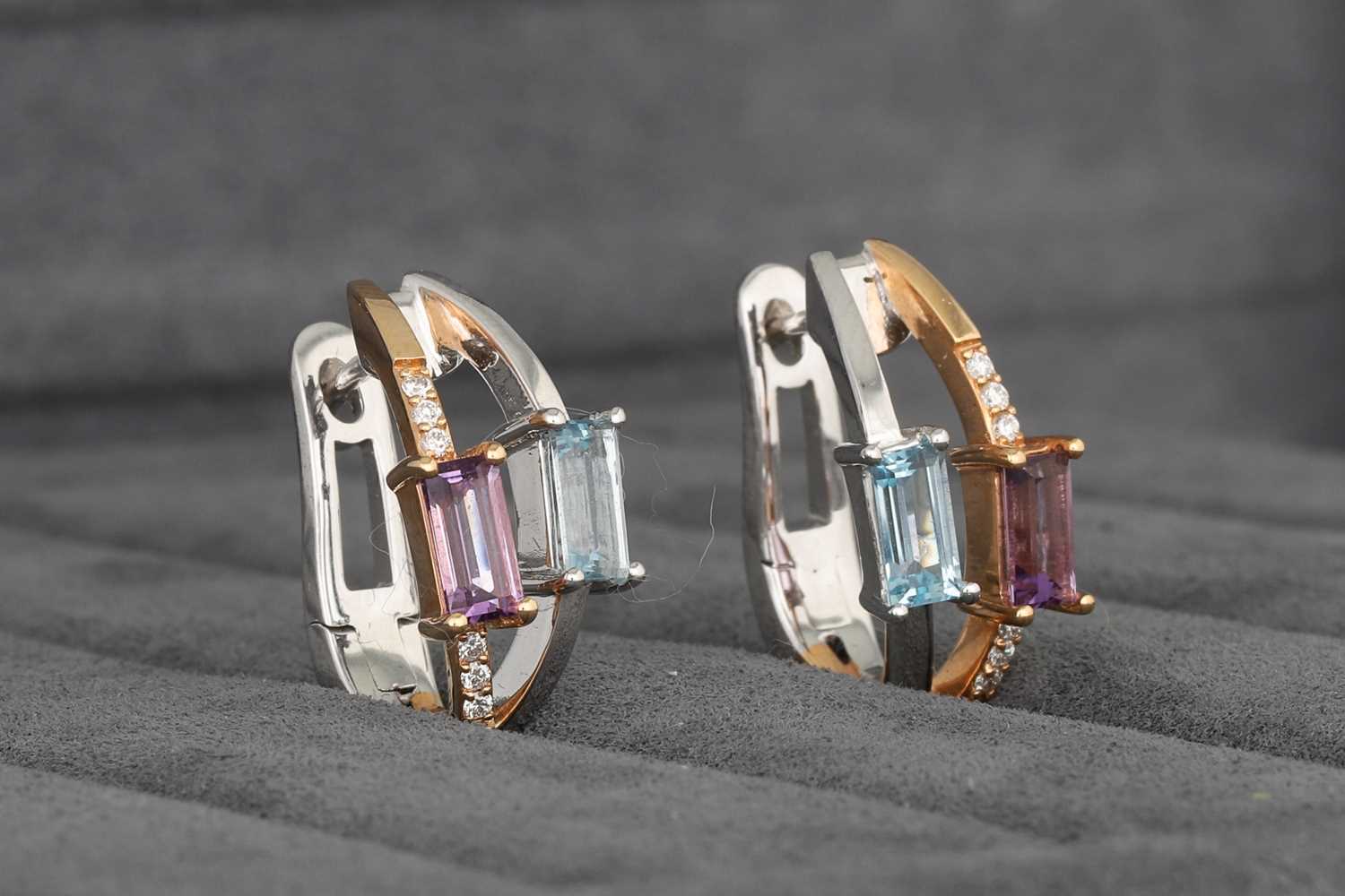 Lot 89 - A PAIR OF AMETHYST, TOPAZ AND DIAMOND EARRINGS,...