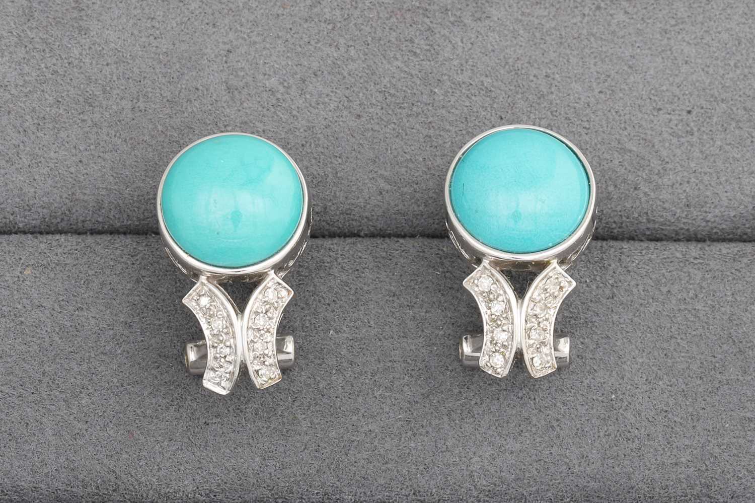 Lot 7 - A PAIR OF TURQUOISE AND DIAMOND EARRINGS,...