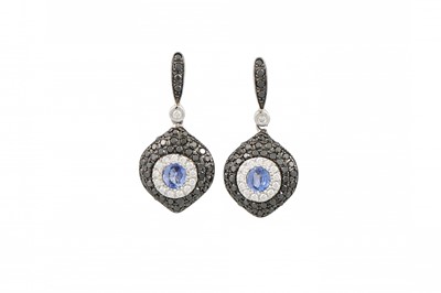 Lot 120 - A PAIR OF DIAMOND AND SAPPHIRE SET CLUSTER...