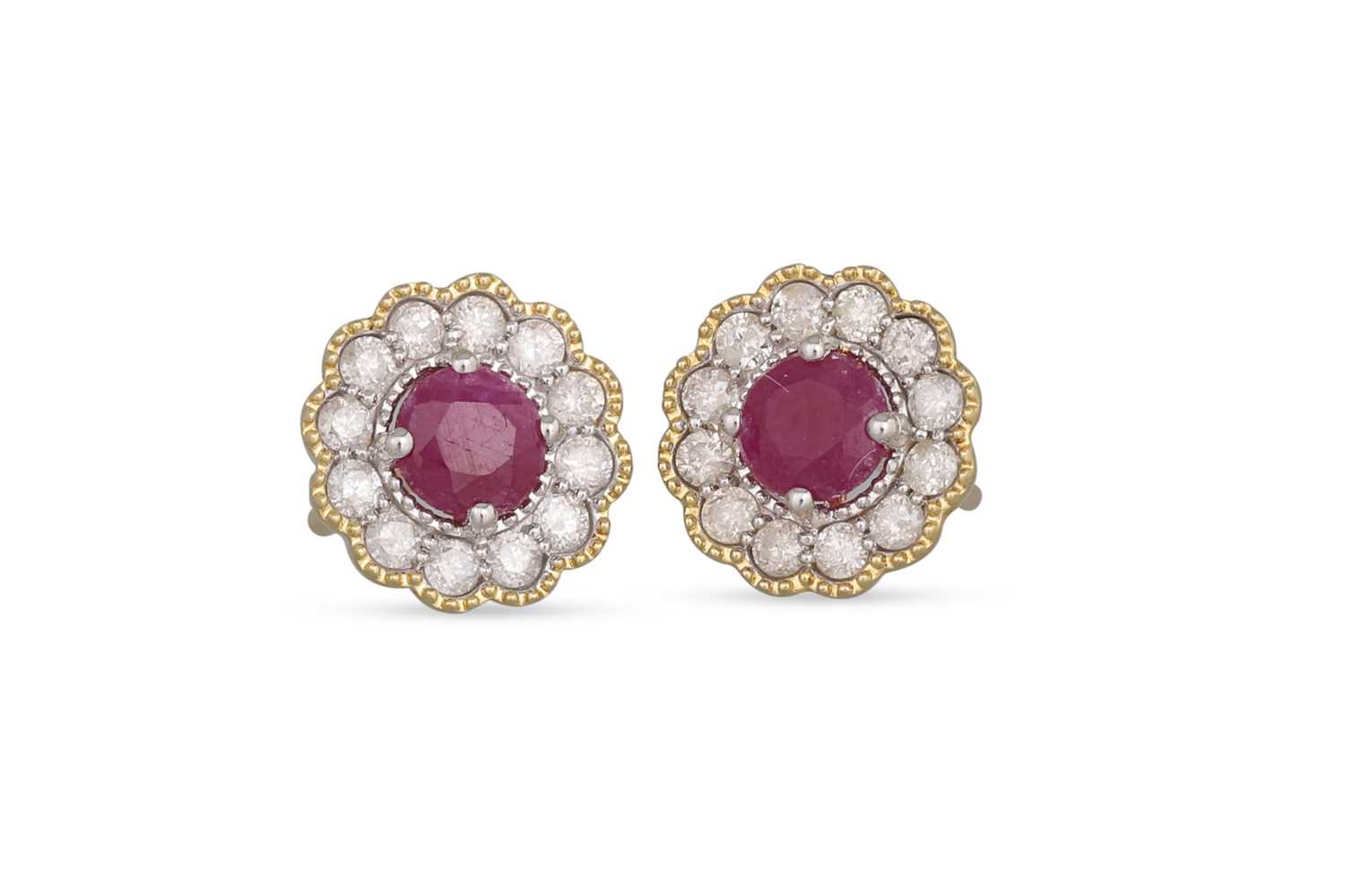 Lot 20 - A PAIR OF RUBY AND DIAMOND CLUSTER EARRINGS,...