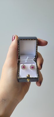 Lot 20 - A PAIR OF RUBY AND DIAMOND CLUSTER EARRINGS,...