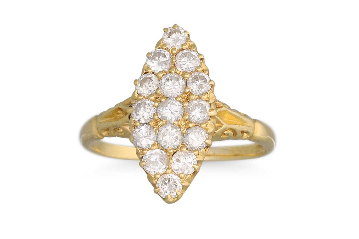 Lot 26 - A MARQUISE SHAPED DIAMOND CLUSTER RING,...