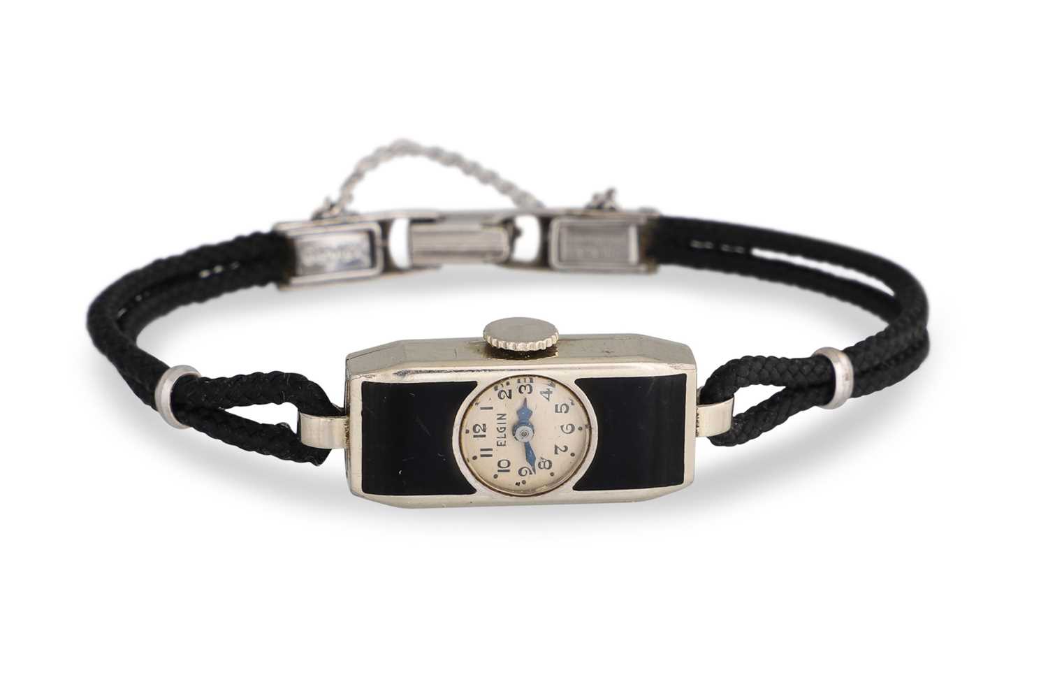 Lot 84 - A 1920'S ART DECO WATCH, enamel face, black...