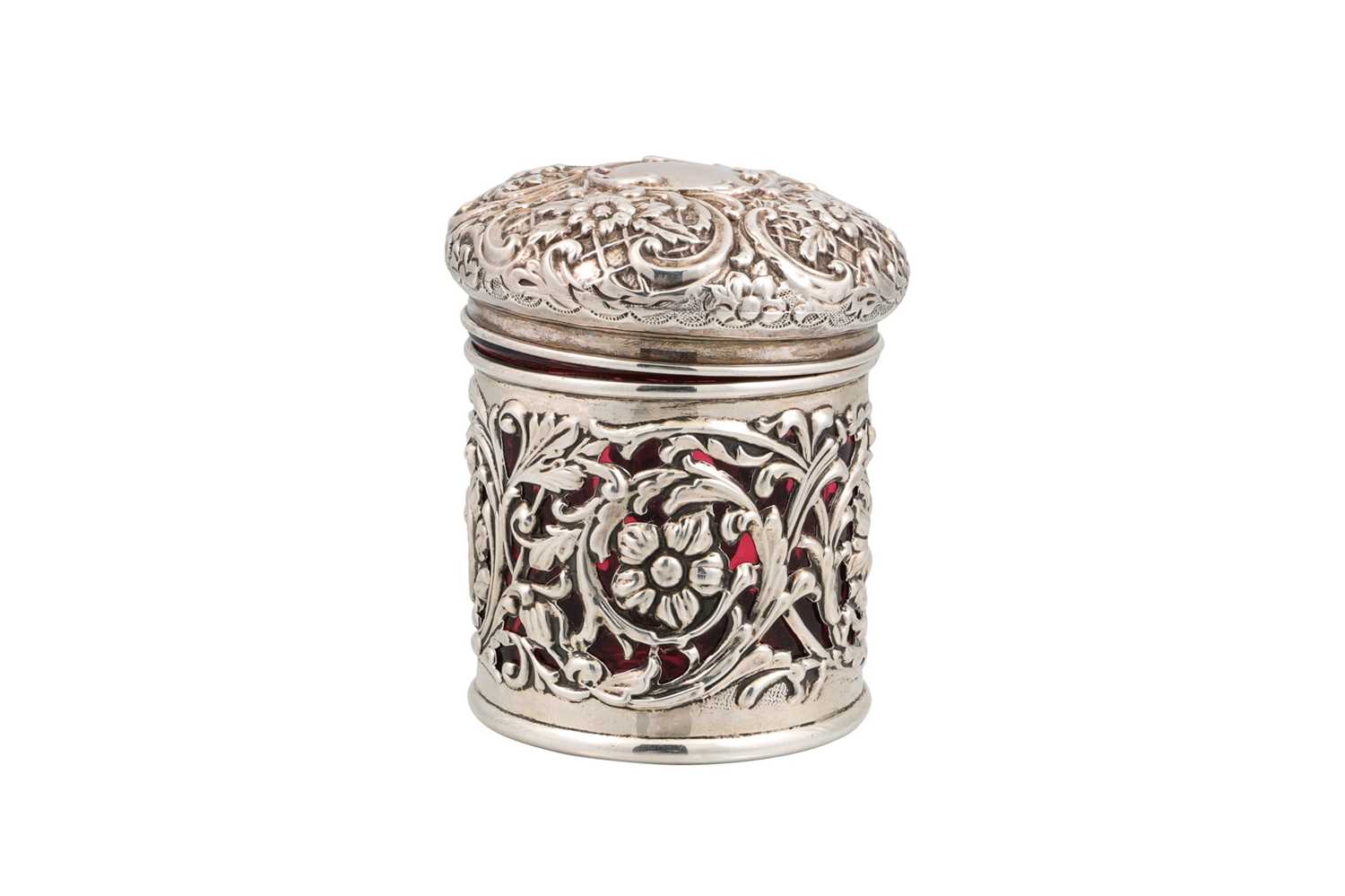 Lot 506 - AN ATTRACTIVE SILVER EMBOSSED RUBY GLASS JAR,...