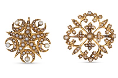 Lot 256 - TWO ANTIQUE SEED PEARL SET BROOCHES, C. 1900,...