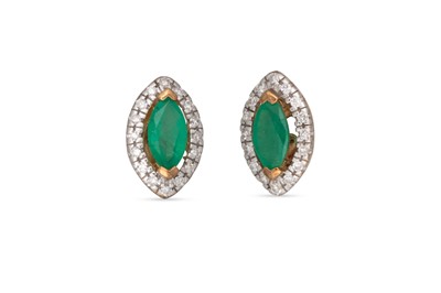 Lot 121 - A PAIR OF EMERALD AND DIAMOND CLUSTER EARRINGS,...