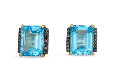 Lot 127 - A PAIR OF BLUE TOPAZ AND BLACK DIAMOND STUD...